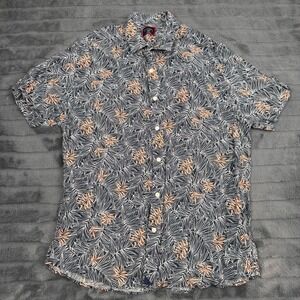UNTUCKit Mens Large Slim Fit 100% Linen Short Sleeve Palm Leaf Print Shirt Navy